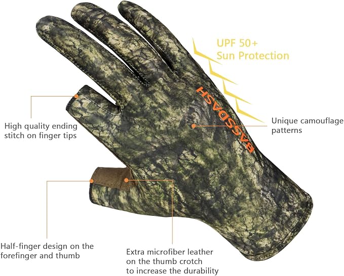 BASSDASH Unisex Fingerless Camo Hunting Gloves for Men's Women's Early Season Warm Weather UPF 50+ Lightweight Fishing Photography HG03