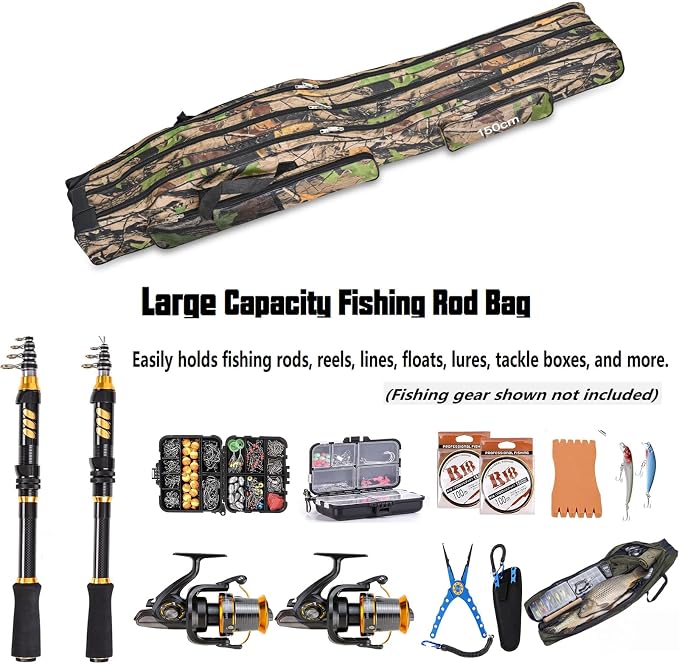 3 Layers Fishing Pole Bag,Portable 3 Layers Oxford Folding Rod Carry Case,Fishing Reel Tackle Storage Bag Case