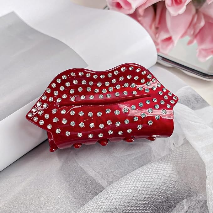 1 Pack Hair Clips for Women Wine Red Sexy Lips Exquisite Claw Clips for Thick or Thin Hair Crystal Rhinestones Design Hair Clamp Clip Holiday Wedding Hair Barrette Hair Accessories Styling