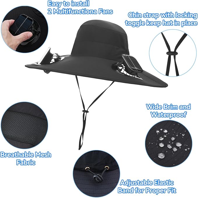 Hat with Fans Solar Power Wide Brim Solar Fan Hat, Sun Hat with 2 Fans Two Power Supply Modes, Outdoor Solar Powered & USB Charging Fishing Hat for Men Women Solar Fan Hats for Men