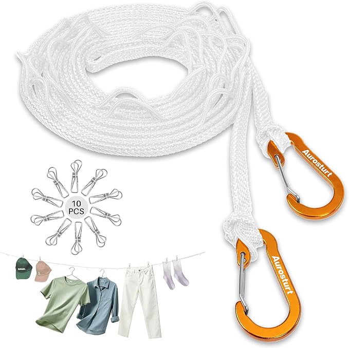 Portable Clothesline for Travel, Windproof Clothing line with Hang Hole, Outdoor & Indoor Laundry Drying with Clothes Clips Camping Accessories (White, 12.5 FT)