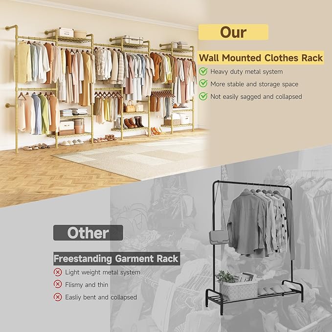 H6 Wall Mounted Closet System, Industrial Pipe Clothes Rack Clothing Racks with 6 Telescopic Rods & 3 Fixing Rods & 9 Shelves, Heavy Duty Closet Organizers and Storage in Wardrobe Closet (Gold)