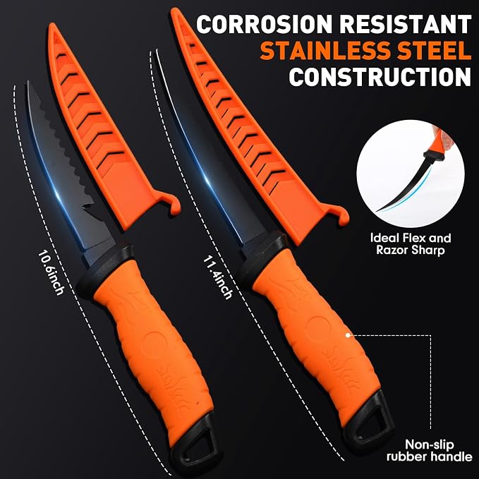 RoundFunny 13 Pcs Fishing Tool Kit, Fishing Pliers with Lanyard, Fillet Knife, Fish Lip Gripper, Hook Remover, Braid Scissors, Sharpening Rod, Tool Retractor, Gloves, Microfiber Towel, Storage Bag