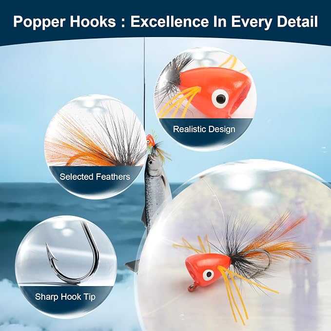 9 pcs Fly Fishing Popper Lures Kit, 2 Sizes Topwater Fishing Lures for Bass Panfish Bluegill Crappie for Freshwater and Saltwater, 2026 New Year Gift for Fishing Lover