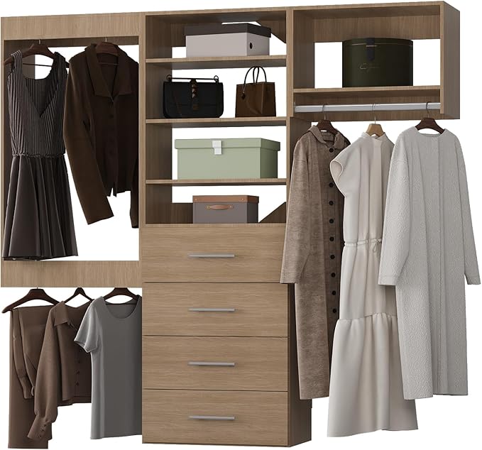 ROOMTEC Modular Closet System, 84" Wall Mounted Closet Organizer with Hanging Rods and Drawers, Modern Wooden Tower for Walk-In Closets, Wardrobe Storage Kit, Wood