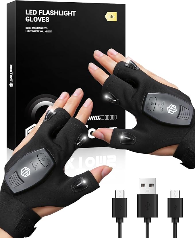 ThxToms Fathers Day Dad Gifts from Daughter Son Wife, Rechargeable Flashlight Gloves, Gift for Men Husband Him Birthday Christmas, Cool Gadget Finger Lights Waterproof for Camping Fishing Repairing