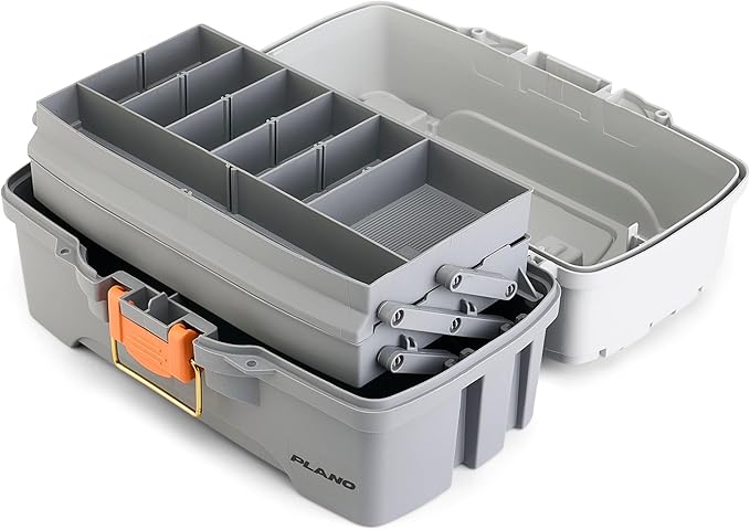 Plano Two-Tray Tackle Box, Light Grey/Dark Grey, Rust-Proof Brass Latch, Top-Access Tray with Deep Storage, Made in the USA, Portable Fishing Gear Storage Organizer