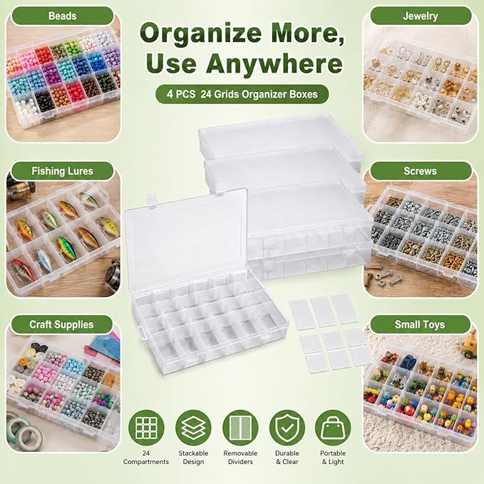 APACALI 4 Pack Large Clear Organizer Box with Dividers, 24 Adjustable Compartments Storage Case for Beads, Crafts, Fishing Lures & Small Parts