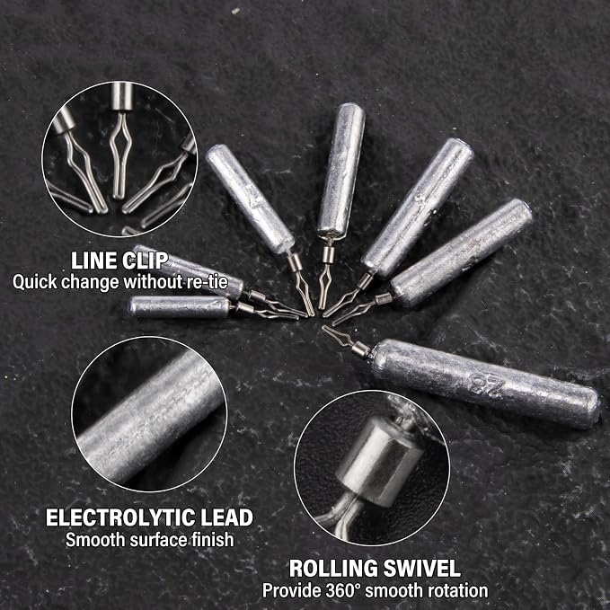 Alwonder 30-Pack Fishing Drop Shot Weights Sinkers Lead Dropshot Rig Weights Freshwater Saltwater Skinny Pencil Shaped Sinker with Rolling Swivel for Bass Fishing 1/8oz- 1oz