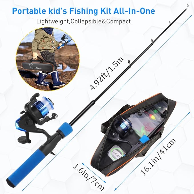Kids Fishing Pole Kit, 59'' Telescopic Rod and Reel Beginner Combo with Spincast Reel,Tackle Box, Carrier Bag,Fishing Gear for Boys,Girls, Toddler,Youth