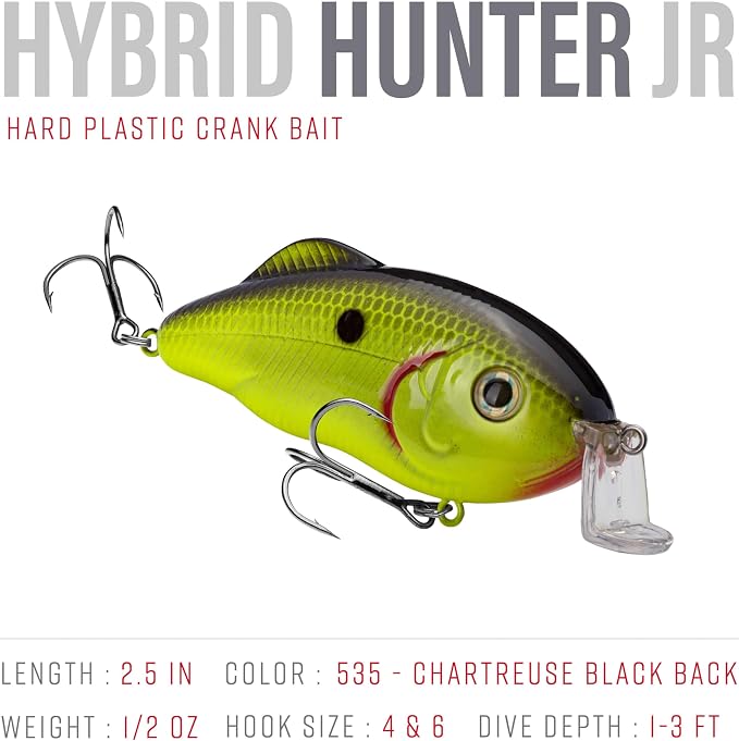 Strike King Hybrid Hunter Shallow Jr. Fishing Lure, Shallow Diving Crankbait, 90-Degree Bill, 3D Eyes, Loud Rattle, Dives 1 to 3-Feet,Size 4 & 6 Treble Hooks