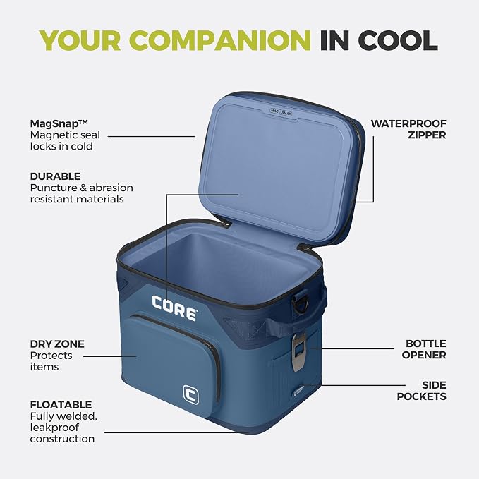 CORE Magnetic Leak Proof Soft Cooler with Waterproof Zipper | Insulated Bag Portable Ice Chest Box | Best Soft Cooler for Food & Beverages for Tailgating, Car Camping, Travel, and Family Beach Picnics