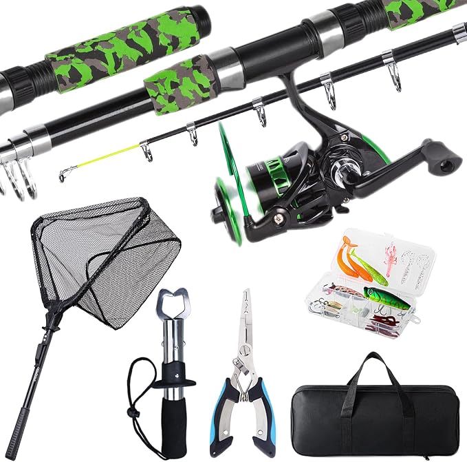 Tripquips Fishing Rod and Reel Combo with Fishing Net, 6.9ft Telescopic Fishing Pole Kit with Fishing Pliers, Lip Gripper, Fishing Lures,Pre-Loaded Spinning Reel Combo