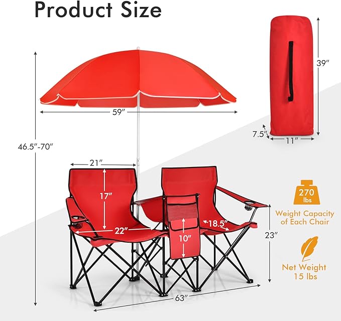 Tangkula Double Camping Chairs with Umbrella, Portable 2 Seat Folding Camp Chair with Cooler Bag, Beverage Holder, Carrying Bag, Foldable Lawn Chair for Outside, Fishing, Picnic, Beach