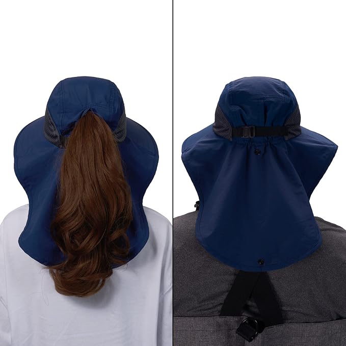 BASSDASH UPF 50+ Unisex Water Resistant Wide Brim Sun Hat with Large Neck Flap Ponytail Fishing Hat for Men Women
