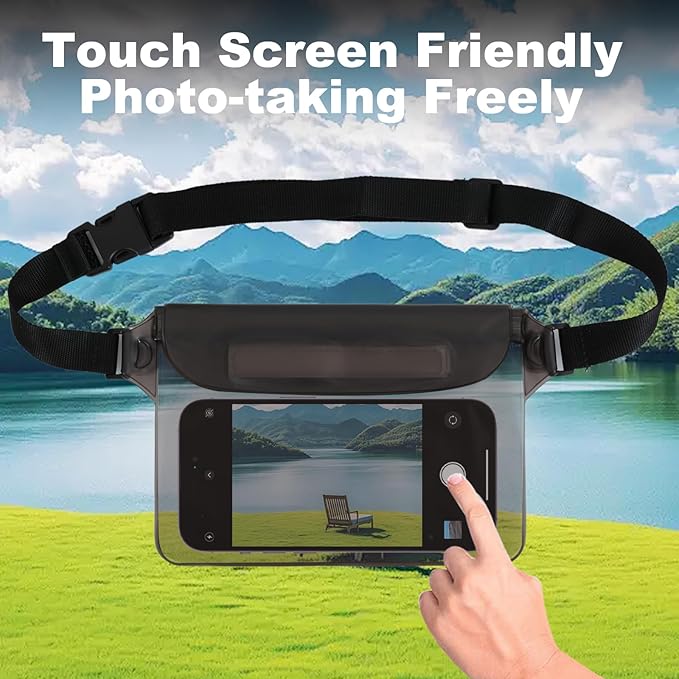 Triple zip lock protection Waterproof Fanny Pack - Waterproof Phone Pouch with Waist Strap，for Outdoor Water Sports, Boating, Hiking,Kayaking,Fishing ， Beach, Camping and Swimming (Transparent Black)