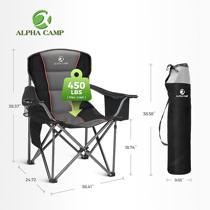 ALPHA CAMP Oversized Camping Chair 500 LBS Capacity Fully Padded Heavy Duty Lawn Chair for Heavy People, Fully Padded Portable Outdoor Chair with Cooler Bag for Camping, Fishing, Beach,1PC