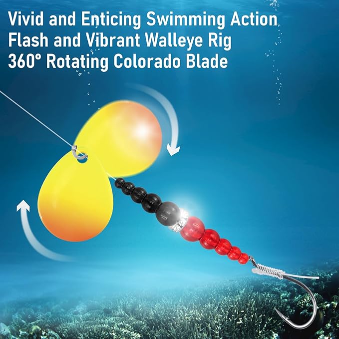 Alwonder 5PCS Walleye Rigs Wedding Ring Fishing Lures, Colorado Blades Stacked Fishing Beads Octopus Hooks Pre-Rigged Bait Rig, Crawler Harness Walleye Kokanee Salmon Spinner Rigs Kit 46IN 30LB Mono