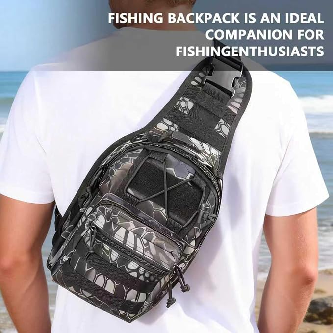 Fishing Backpack Small Fishing Tackle Storage Bag with 3 Methods of Carrying Large Capacity Sling Backpack for Outdoor Hiking Travel Hunting (Pythonskin Black)