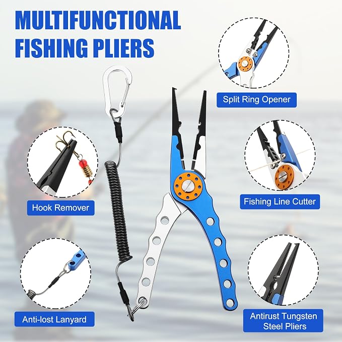 VioraWhite 8 Pieces Fishing Tools Kit Fish Hook Remover Set Include Fishing Pliers Lip Gripper Multifunction Scissors Gloves Towel Keychain Hook for Men Women Gifts