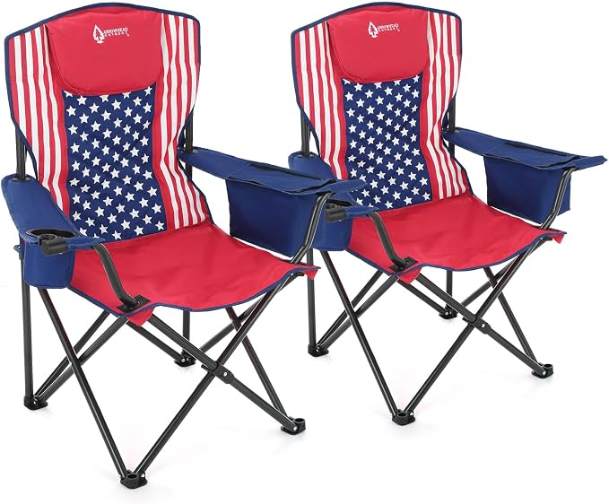 ARROWHEAD OUTDOOR 2-Pack Portable Deluxe Folding Camp Quad Chair w/Headrest, Glass & Cup Holders, Armest 6-can Cooler, Heavy Duty Carry Bag, 550 lbs Weight Capacity