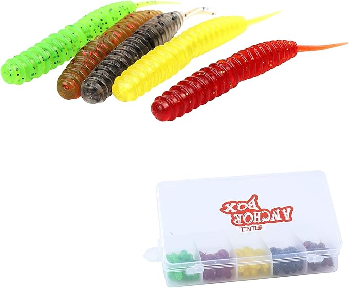 RUNCL Anchor Box - Paddle Tail Swimbaits, Soft Jerk Baits, 20/40/50/60pcs Soft Fishing Lures, Curved Tail Grubs - 3D Lifelike Eyes, Split/Boot/Curved/Straight/Thin Tail - 1/2/3/4/5in, Proven Colors