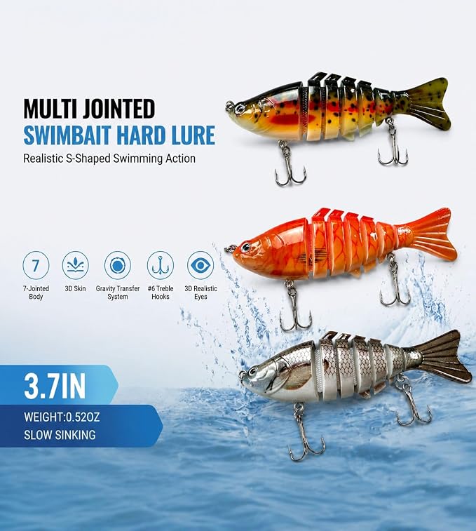 Multi Jointed Swimbait Hard Lure, 3.7in Slow Sinking Fishing Lures with Realistic S-Shaped Swimming Action, Built-in Gravity Transfer System & #6 Treble Hooks for Bass, Trout, Pike, Topwater Lure
