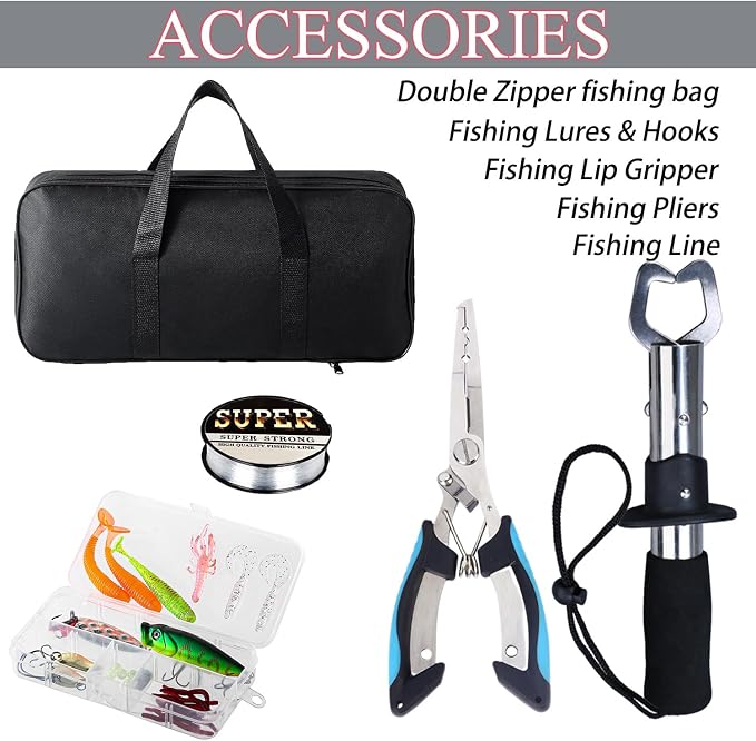 Tripquips Fishing Rod, 6.9ft Telescopic Fishing Rod and Reel Combo with Fishing Pliers and Lip Gripper Fishing Equipment, 5.2:1 Pre-Loaded Spinning Reel Combo Set Fishing Pole