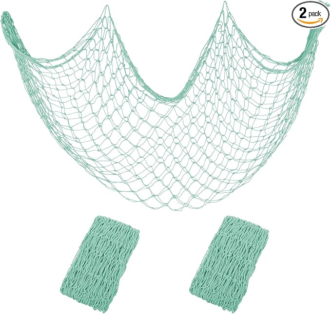 2 Pack Decorative Fishing Net, 80x40 Inch Green Cotton Fish Net Decor for Nautical Mermaid Pirate Hawaii Beach Ocean Under The Sea Themed Party, Hanging Plush Toys, Drape Tables, Wall Picture Display