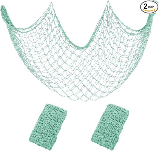 2 Pack Decorative Fishing Net, 80x40 Inch Green Cotton Fish Net Decor for Nautical Mermaid Pirate Hawaii Beach Ocean Under The Sea Themed Party, Hanging Plush Toys, Drape Tables, Wall Picture Display