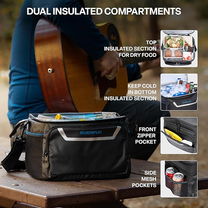 EVERFUN Small Compact Cooler Bag 24/48 Can Insulated Lunch Box Double Deck Soft Leak-Proof Waterproof Collapsible Ice Chest for Men Women Work Travel Car Trip Picnic Beach