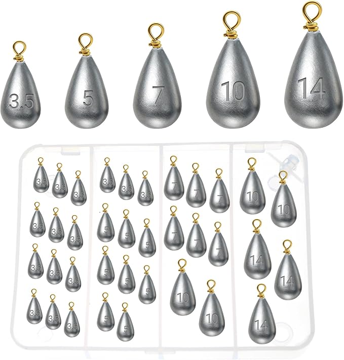 Casting Sinker Weights Assortment, Teardrop Fishing Sinkers with Brass Swivel Loops, 1/8 oz to 3/4 oz, Drop Shot Weights for Bass Catfish, Freshwater Saltwater