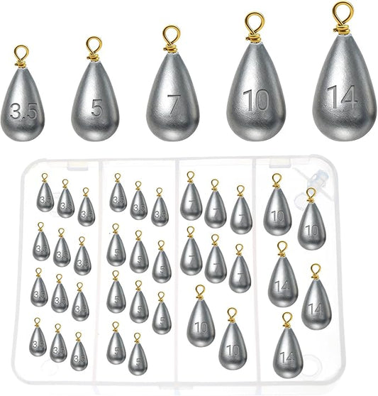 Casting Sinker Weights Assortment, Teardrop Fishing Sinkers with Brass Swivel Loops, 1/8 oz to 3/4 oz, Drop Shot Weights for Bass Catfish, Freshwater Saltwater