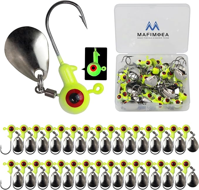 15/20/30Pcs Underspin Jig Heads with Spinner Fishing Jig Heads Hooks Set Crappie Jigs Fishing Jig Hooks Assortment Saltwater Freshwater Bass Crappie Trout Glow in The Dark…
