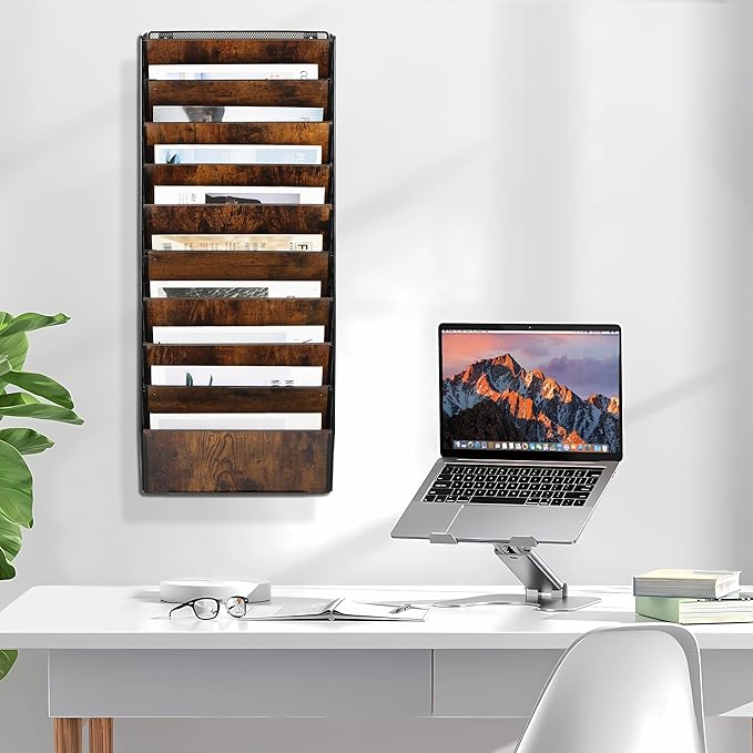TQVAI 10-Pocket Hanging Wall File Organizer - Metal Folding Wall Mounted Mail Document Holder, Multi-Purpose Clipboard Storage Rack for Office, Homeschool, Classroom Organization, Black/Vintage