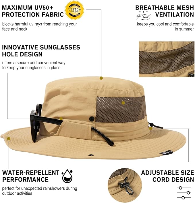 TOP-EX UVCoolix™ UV Protection Mens Sun Hat with Cooling Neck Flap Sunglass Lock Wide Brim Fishing Hats