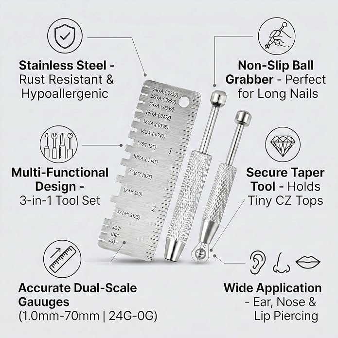 Body Jewelry Piercing Measure Tool Piercing Taper Ball Grabber Stainless Steel Piercing Gauge Measurement Kit for Ear Nose Lip