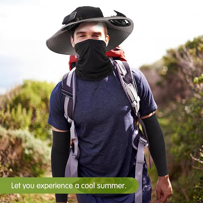 Syhood Solar Powered Fan Hat Neck Gaiter Arm Sleeves Sun Bucket Hat with Fan Cooling Wide Brim Hats for Fishing Hiking
