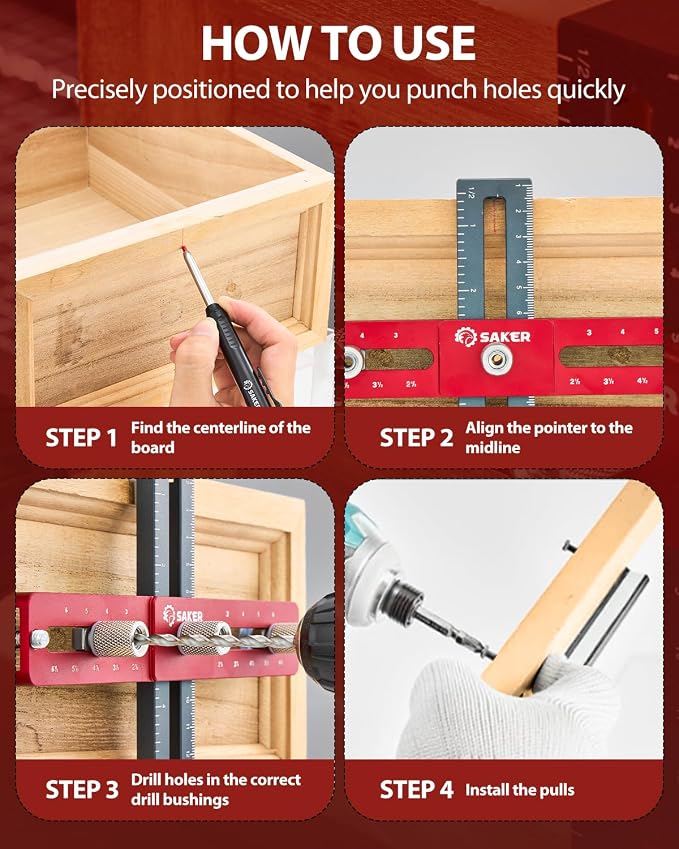 Saker Cabinet Hardware Doweling Jig - Cabinet Handle Template Tool for Knobs and Pull - Adjustable Self Centering Punch Locator Precise Woodworking Drill Guide (6.5" Jig Saw)