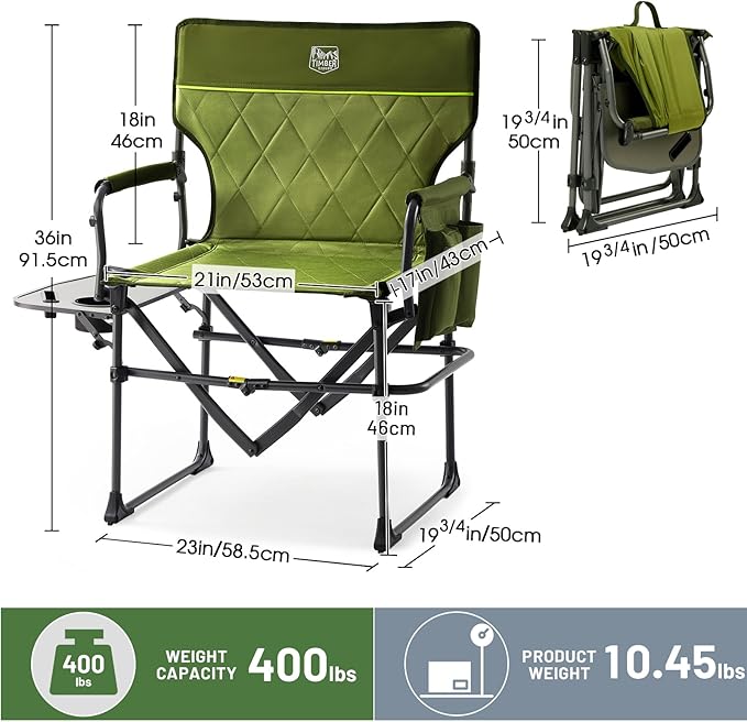 Timber Ridge Aluminum Camping Directors Chair with Side Table Pocket, Portable Folding Chair, Heavy Duty Lawn Chair for Fishing Trip Picnic Concert Outdoor 400lbs, Green