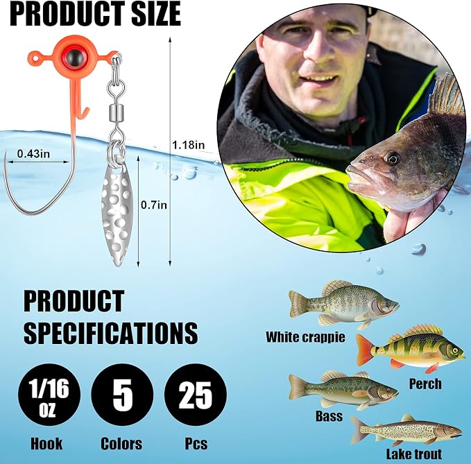 Skylety Crappie Jig Heads Kit Fishing Underspin Jig Heads Hook Lure with Eye Ball and Spinner Blade 1/16 oz Head Jigs for Saltwater & Freshwater