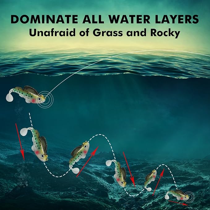 GOTOUR Pre-Rigged Soft Fishing Lures with Weedless Hook, Lifelike Paddle Tail Swimbaits for Bass Fishing, Freshwater & Saltwater Fishing Bait, Fishing Tackle for Bass, Pike, Trout, and Walleye