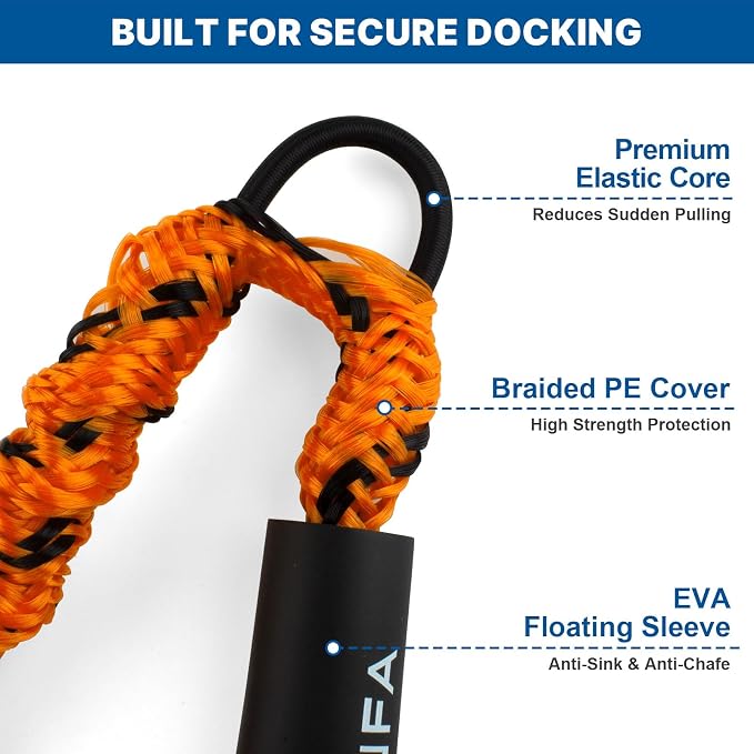 Bungee Dock Lines for Boats 4.3 Ft Stretch to 5.6 Ft, 2 Pack Marine Grade Bungee Cords with 316 SS Clips and EVA Floating Sleeve for Jet Ski Kayak Pontoon Boat Accessories (Orange+Black)