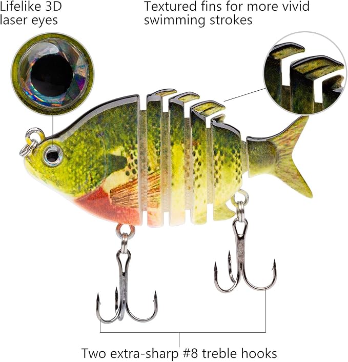 Bassdash SwimPanfish 2.5”/0.34oz Hard Bluegill Swimbaits Multi Jointed Topwater Trout Bass Fishing Crank Lure,Pack of 4