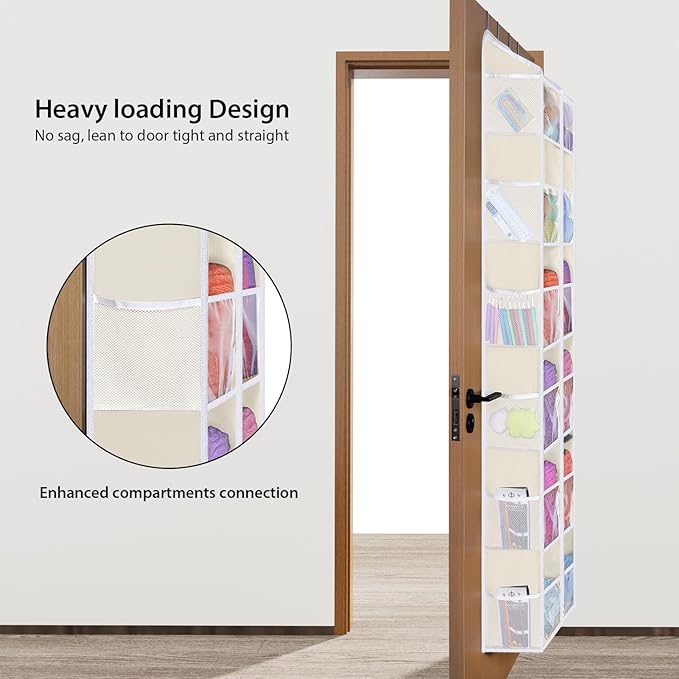 Univivi Over Door Hanging Yarn Storage Organizer, 6 Tiers Hanging Yarn Organizers and Storage with 12 Mesh Side Pockets for Crochet Accessories, Knitting Needles and Yarn Balls, Beige