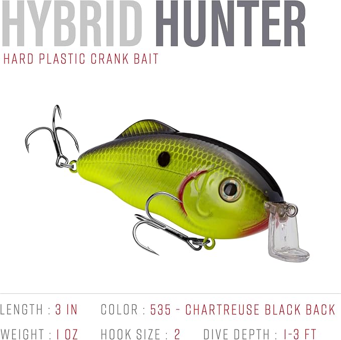 Strike King Hybrid Hunter Shallow Jr. Fishing Lure, Shallow Diving Crankbait, 90-Degree Bill, 3D Eyes, Loud Rattle, Dives 1 to 3-Feet,Size 4 & 6 Treble Hooks