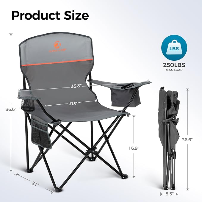 ALPHA CAMP 2-Pack Camping Chair with Cooler Bag, Heavy Duty 250lbs Capacity Folding Chair with Lumbar Support & Side Pocket, Portable Quad Chairs for Beach Fishing Tailgating & Sideline Sport