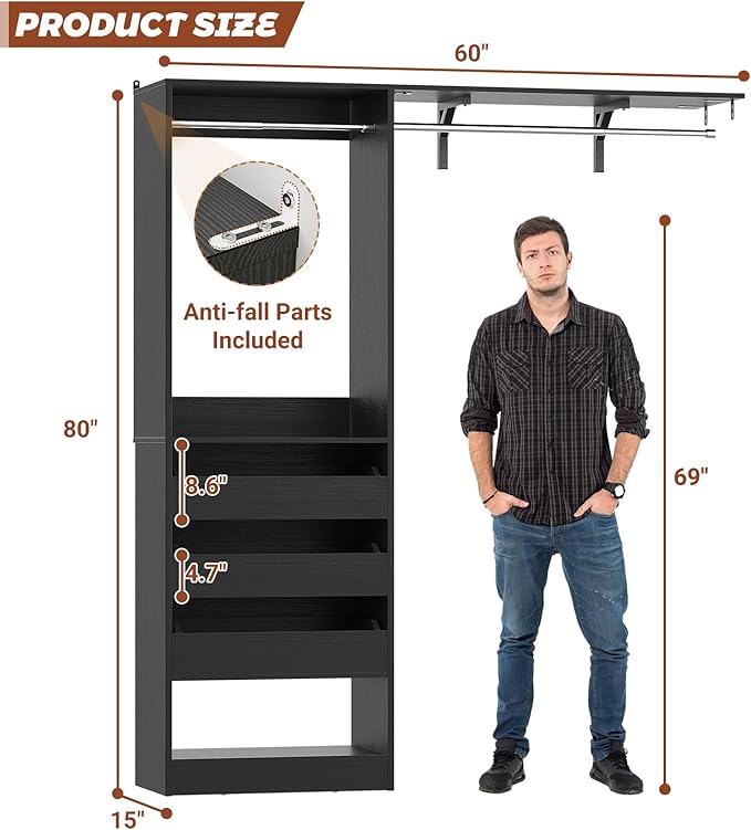 60" Wide x 80" Tall Closet System with 3 Half-Open Wooden Drawers, 5FT Closet Organizer System with 2 Hanging Rods & Removable Tower, Freestanding Wardrobe Organizer for Walk-in Bedroom, Black