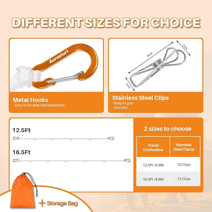 Portable Clothesline for Travel, Windproof Clothing line with Hang Hole, Outdoor & Indoor Laundry Drying with Clothes Clips Camping Accessories (White, 12.5 FT)