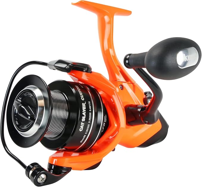 Okuma Cat Slayer Custom 6000 Baitfeeder Reel – Catfish Spinning Reel with Dual Force Drag, Flite Drive System & UV Reactive Neon Orange Finish, CSCF-6000NO